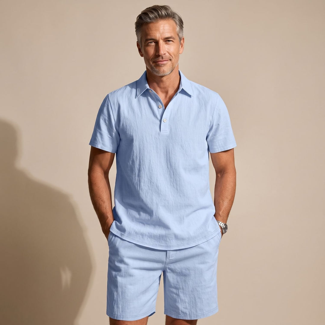 Men's Linen-Feel Short-Sleeve Polo Shirt Shorts Two-Piece Set - Blue