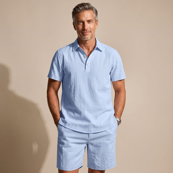 Men's Linen-Feel Short-Sleeve Polo Shirt Shorts Two-Piece Set - Blue