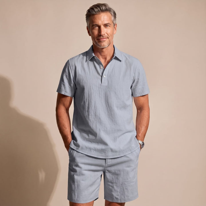 Men's Linen-Feel Short-Sleeve Polo Shirt Shorts Two-Piece Set - Grey