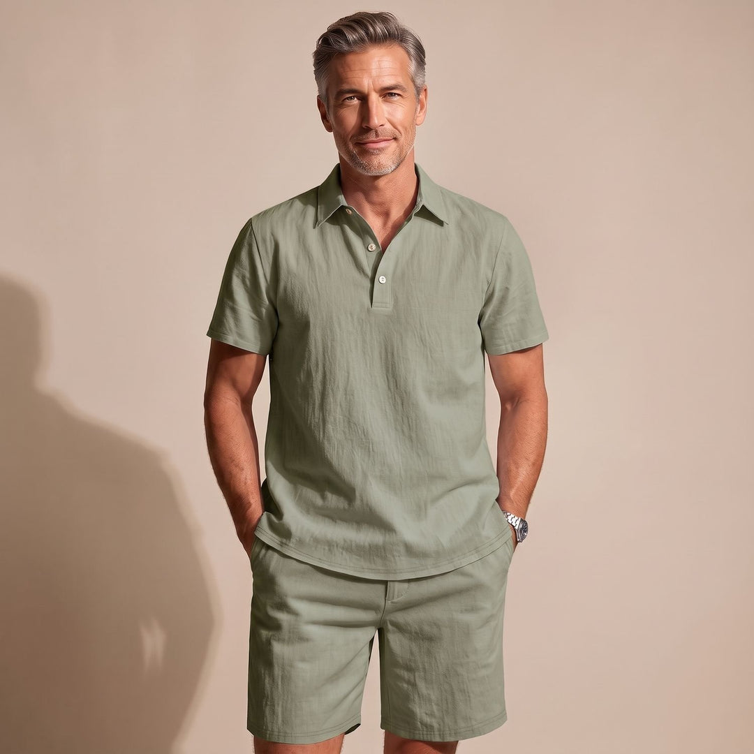 Men's Linen-Feel Short-Sleeve Polo Shirt Shorts Two-Piece Set - Green