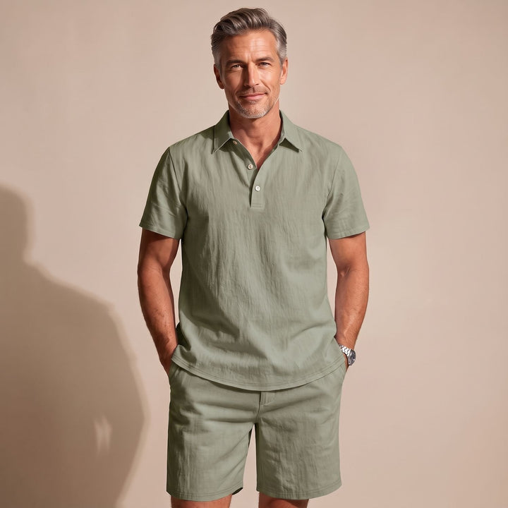 Men's Linen-Feel Short-Sleeve Polo Shirt Shorts Two-Piece Set - Green