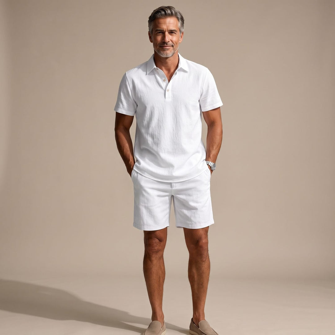 Men's Linen-Feel Short-Sleeve Polo Shirt Shorts Two-Piece Set - White