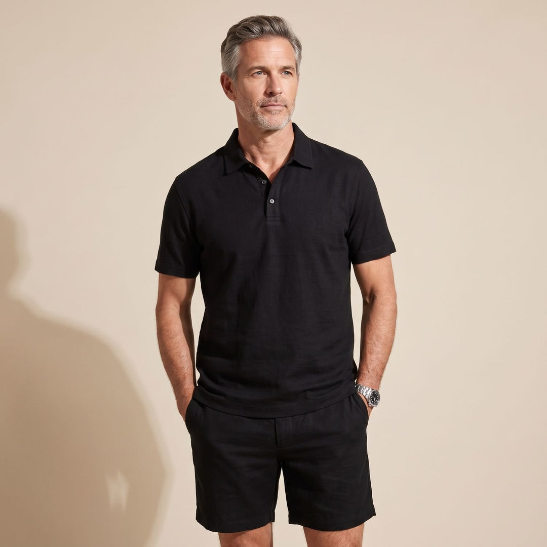 Men's Linen-Feel Short-Sleeve Polo Shirt Shorts Two-Piece Set - Black