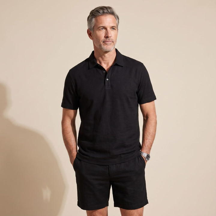 Men's Linen-Feel Short-Sleeve Polo Shirt Shorts Two-Piece Set - Black