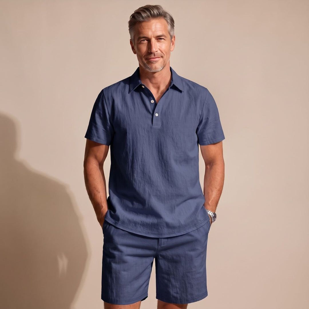 Men's Linen-Feel Short-Sleeve Polo Shirt Shorts Two-Piece Set - Navy Blue