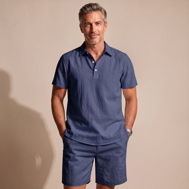 Men's Linen-Feel Short-Sleeve Polo Shirt Shorts Two-Piece Set - Navy Blue