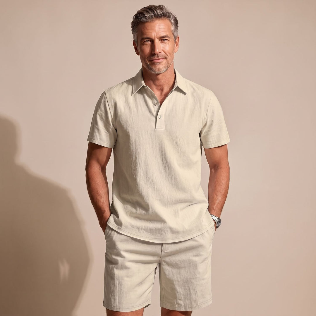 Men's Linen-Feel Short-Sleeve Polo Shirt Shorts Two-Piece Set - Beige