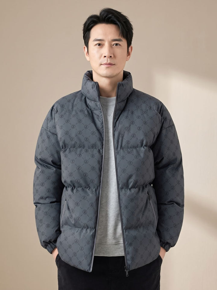Men's Logo-Print Stand-Collar Zip-Up Puffer Jacket - Grey