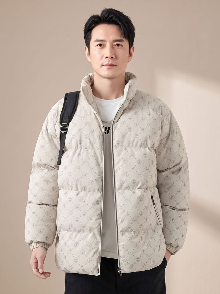 Men's Logo-Print Stand-Collar Zip-Up Puffer Jacket - Beige
