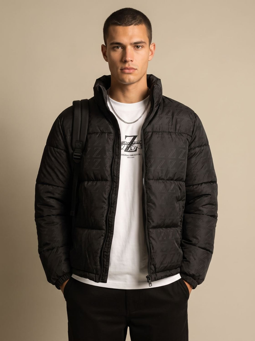 Men's Logo-Print Stand-Collar Zip-Up Puffer Jacket - Black