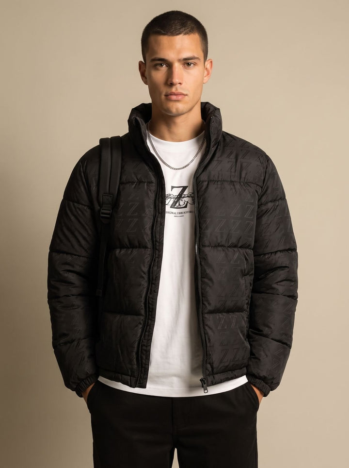Men's Logo-Print Stand-Collar Zip-Up Puffer Jacket - Black