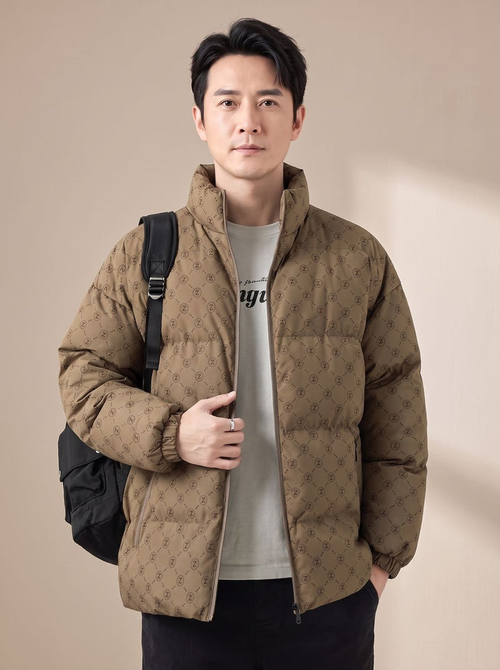 Men's Logo-Print Stand-Collar Zip-Up Puffer Jacket - Coffee