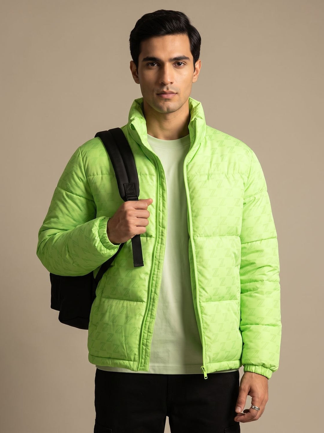 Men's Logo-Print Stand-Collar Zip-Up Puffer Jacket - Green