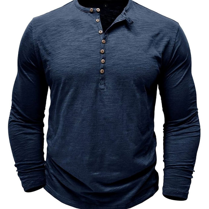 Men's Long-Sleeve Button-Up Henley Shirt - Navy Blue