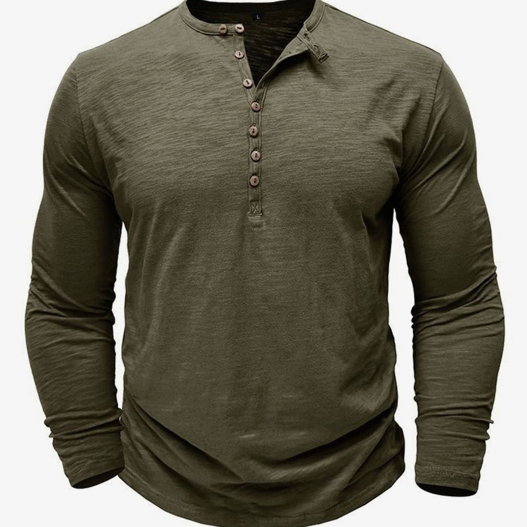 Men's Long-Sleeve Button-Up Henley Shirt - Army Green