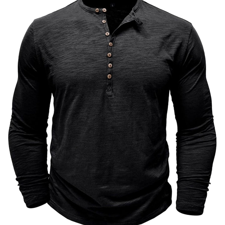 Men's Long-Sleeve Button-Up Henley Shirt - Black