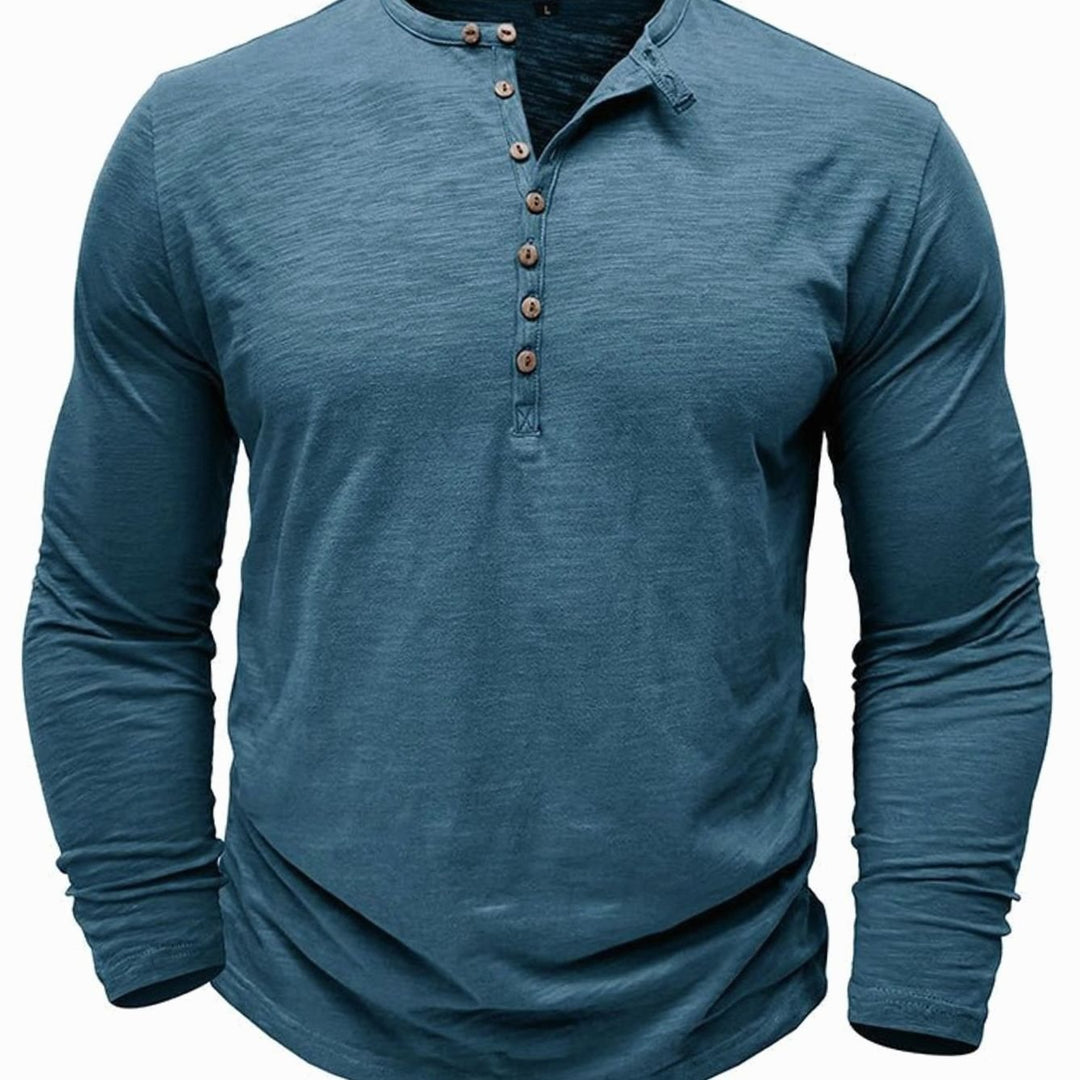 Men's Long-Sleeve Button-Up Henley Shirt - Denim Blue