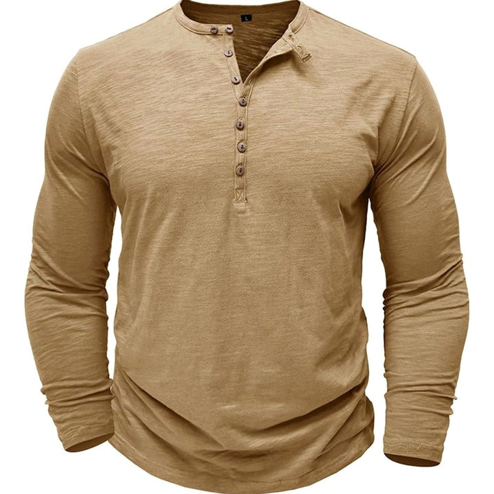 Men's Long-Sleeve Button-Up Henley Shirt - Khaki