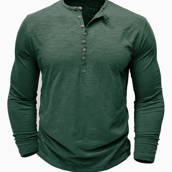 Men's Long-Sleeve Button-Up Henley Shirt - Dark Green