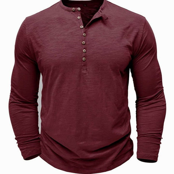 Men's Long-Sleeve Button-Up Henley Shirt - Red