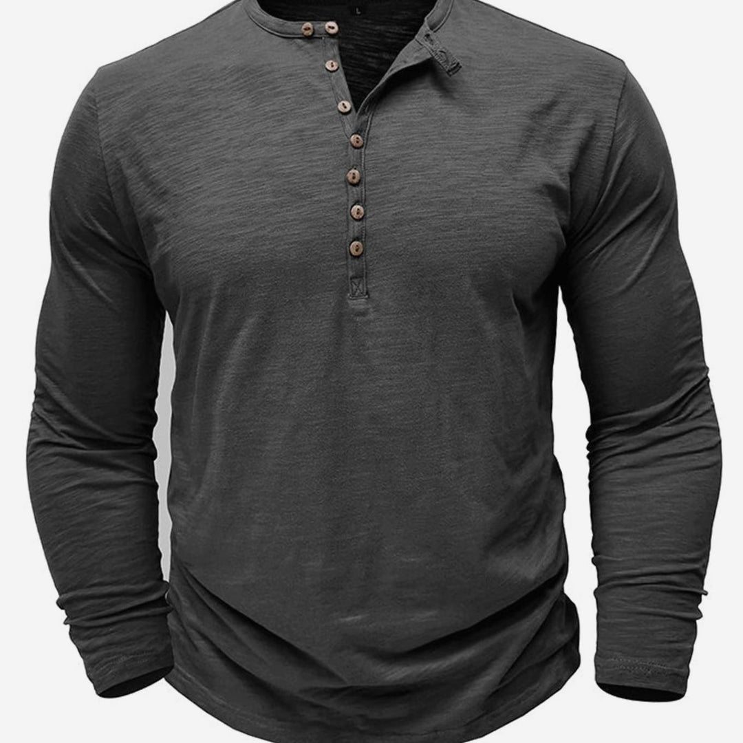 Men's Long-Sleeve Button-Up Henley Shirt - Grey