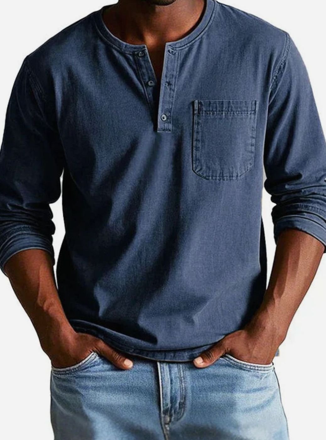Men's Long Sleeve Chest-Pocket Henley Shirt - Navy Blue