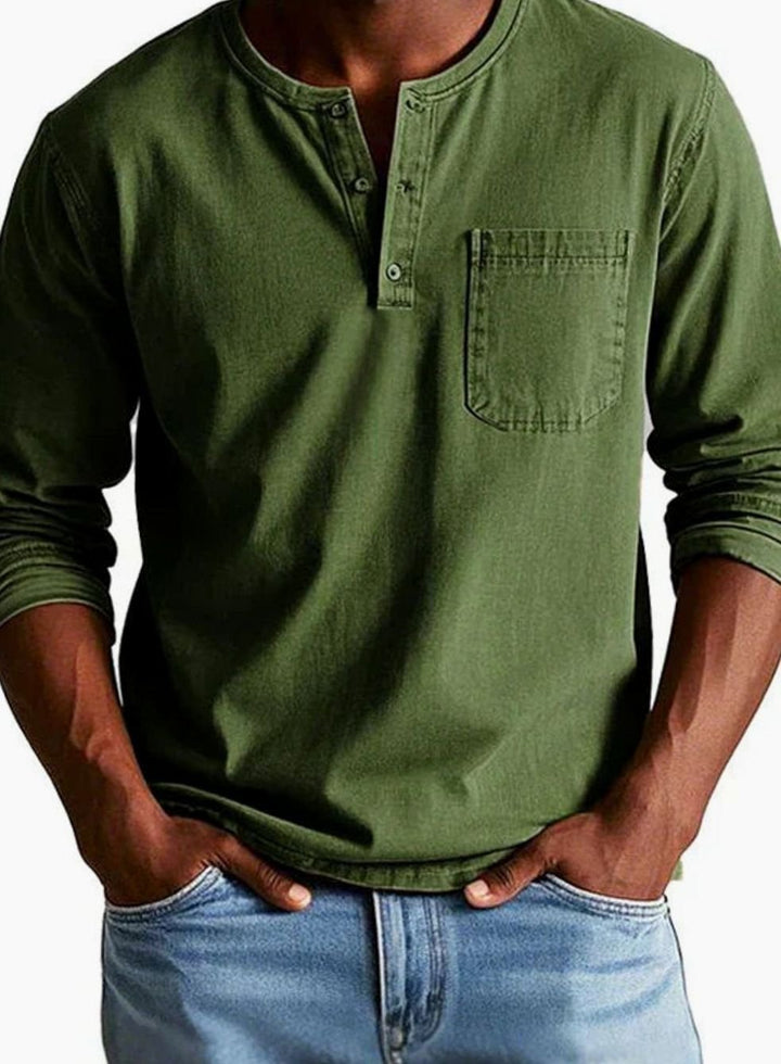 Men's Long Sleeve Chest-Pocket Henley Shirt - Army Green