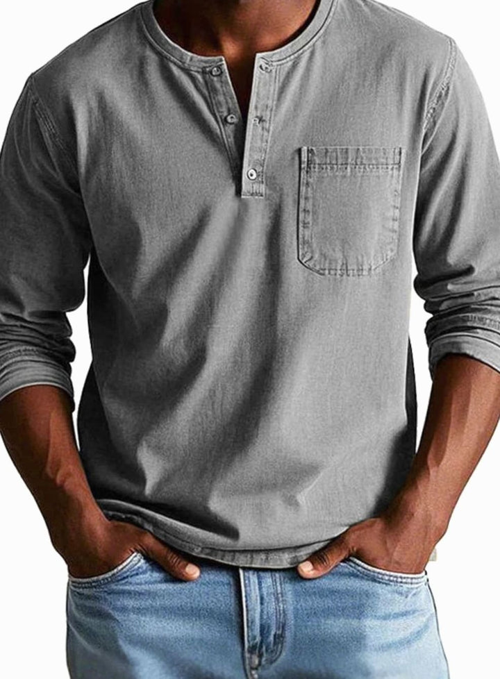 Men's Long Sleeve Chest-Pocket Henley Shirt - Grey