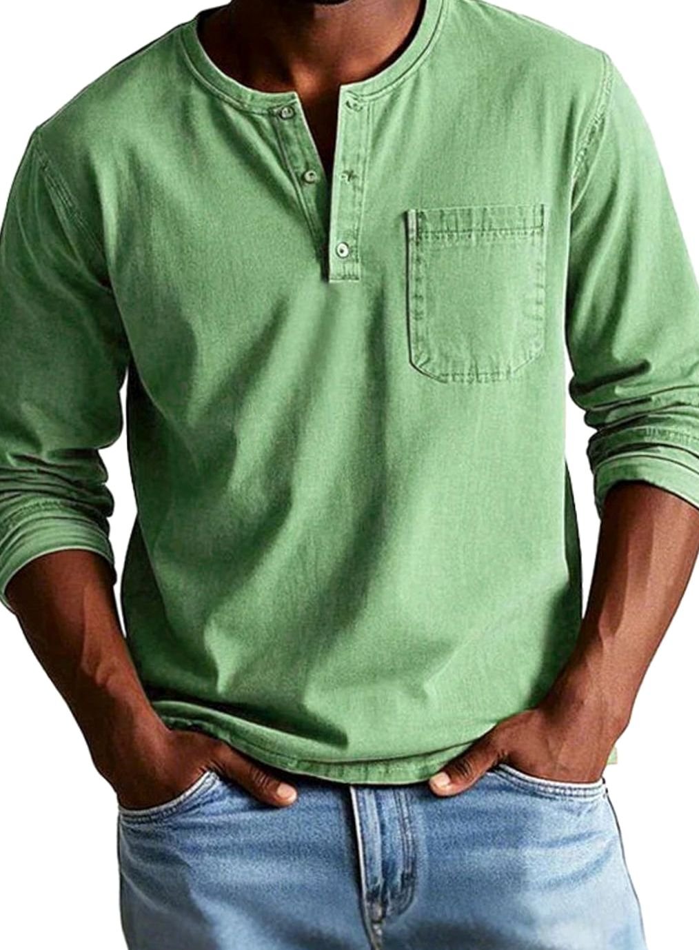 Men's Long Sleeve Chest-Pocket Henley Shirt - Green