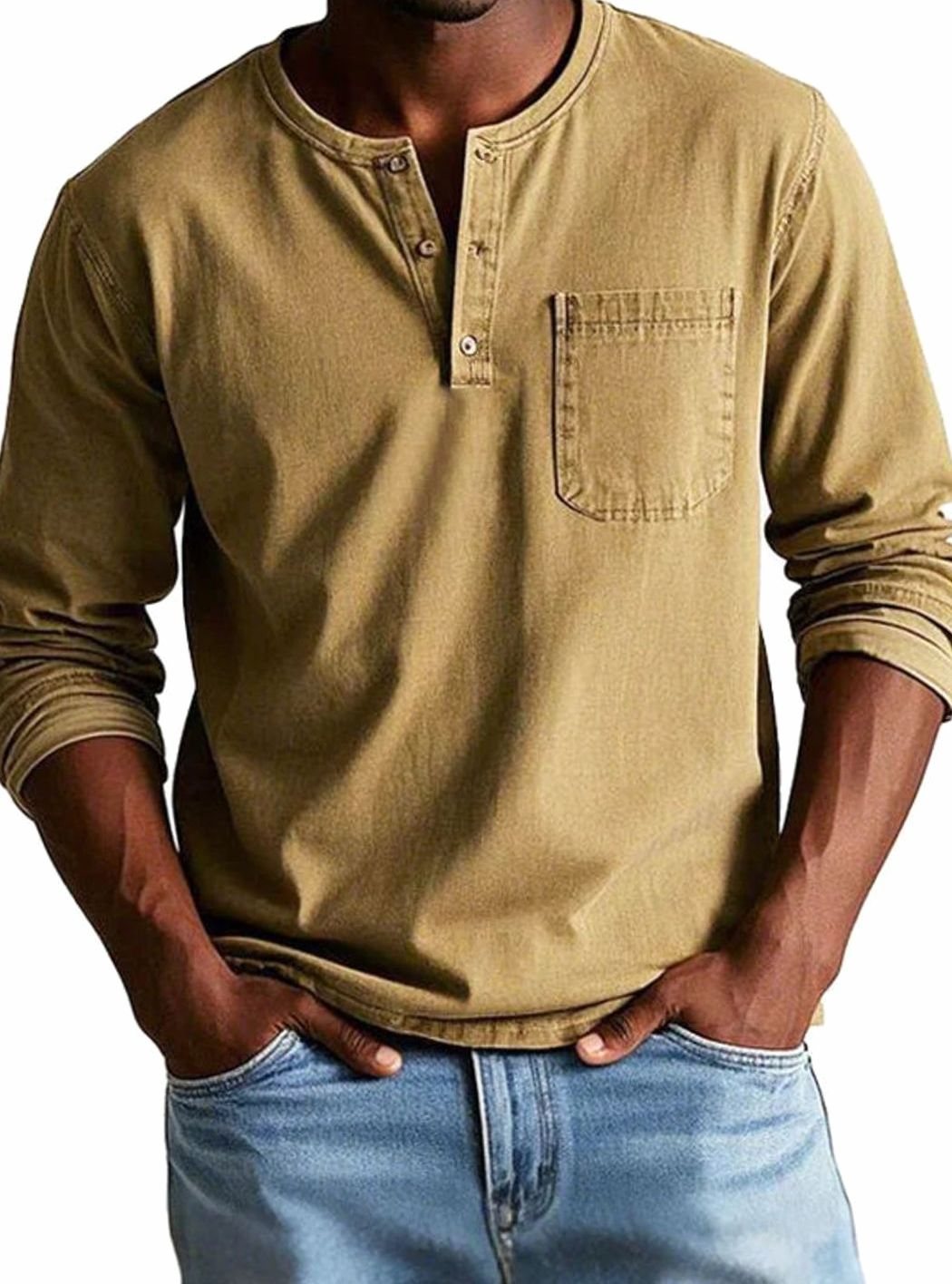 Men's Long Sleeve Chest-Pocket Henley Shirt - Khaki