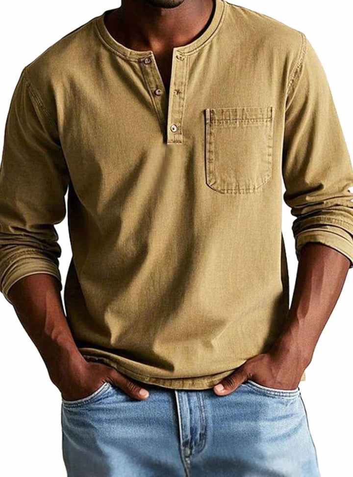 Men's Long Sleeve Chest-Pocket Henley Shirt - Khaki