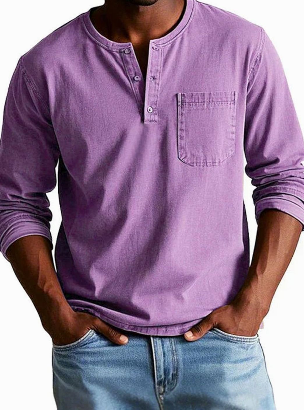 Men's Long Sleeve Chest-Pocket Henley Shirt - Purple