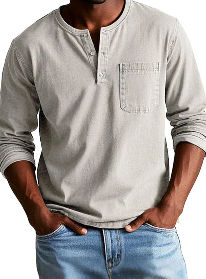 Men's Long Sleeve Chest-Pocket Henley Shirt - Beige
