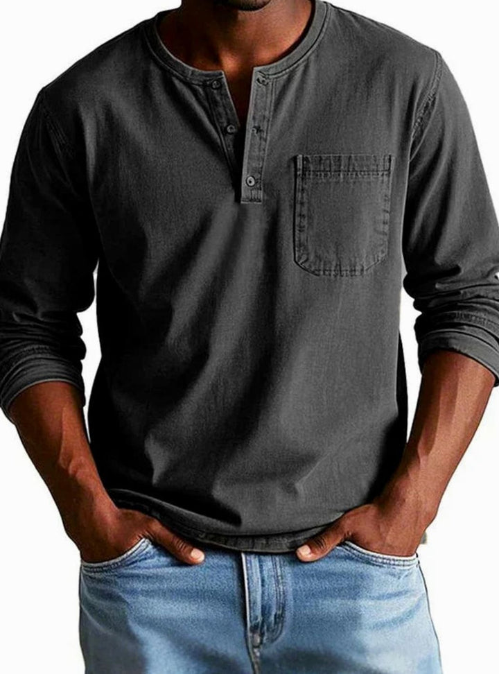Men's Long Sleeve Chest-Pocket Henley Shirt - Black