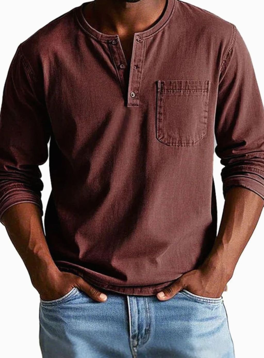 Men's Long Sleeve Chest-Pocket Henley Shirt - Red