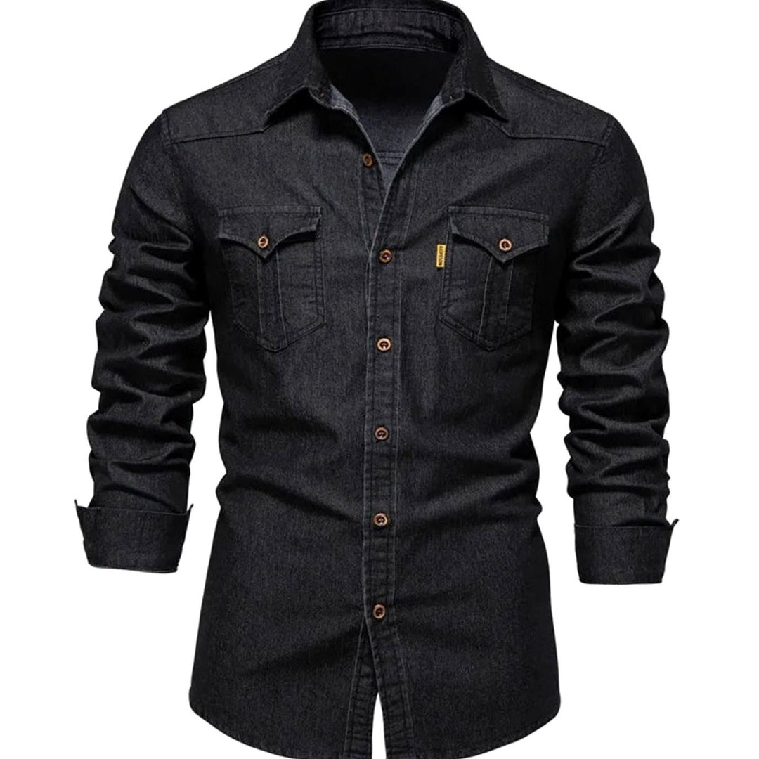 Men's Long-Sleeve Dual-Pocket Denim Button-Up Shirt - Black