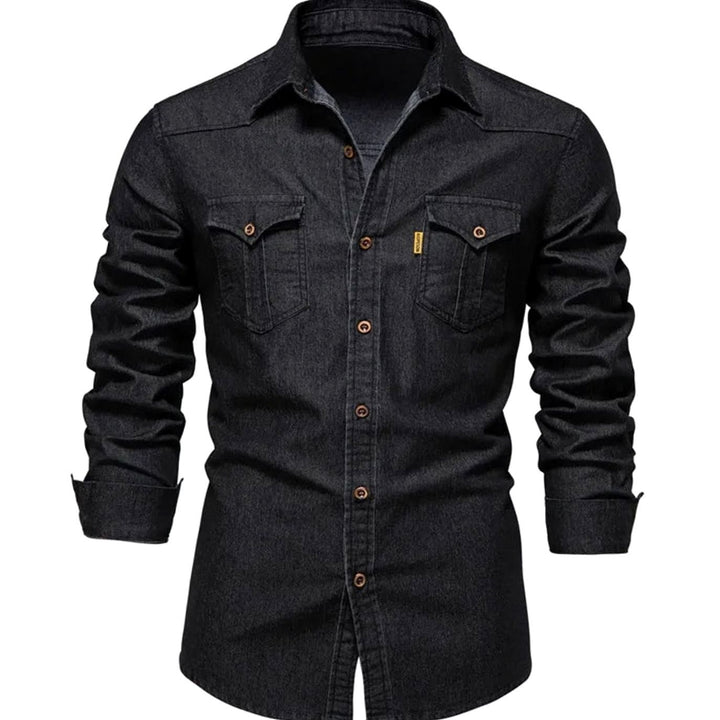 Men's Long-Sleeve Dual-Pocket Denim Button-Up Shirt - Black