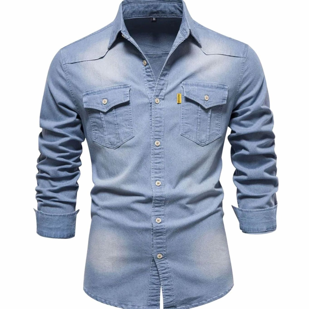 Men's Long-Sleeve Dual-Pocket Denim Button-Up Shirt - Light Blue