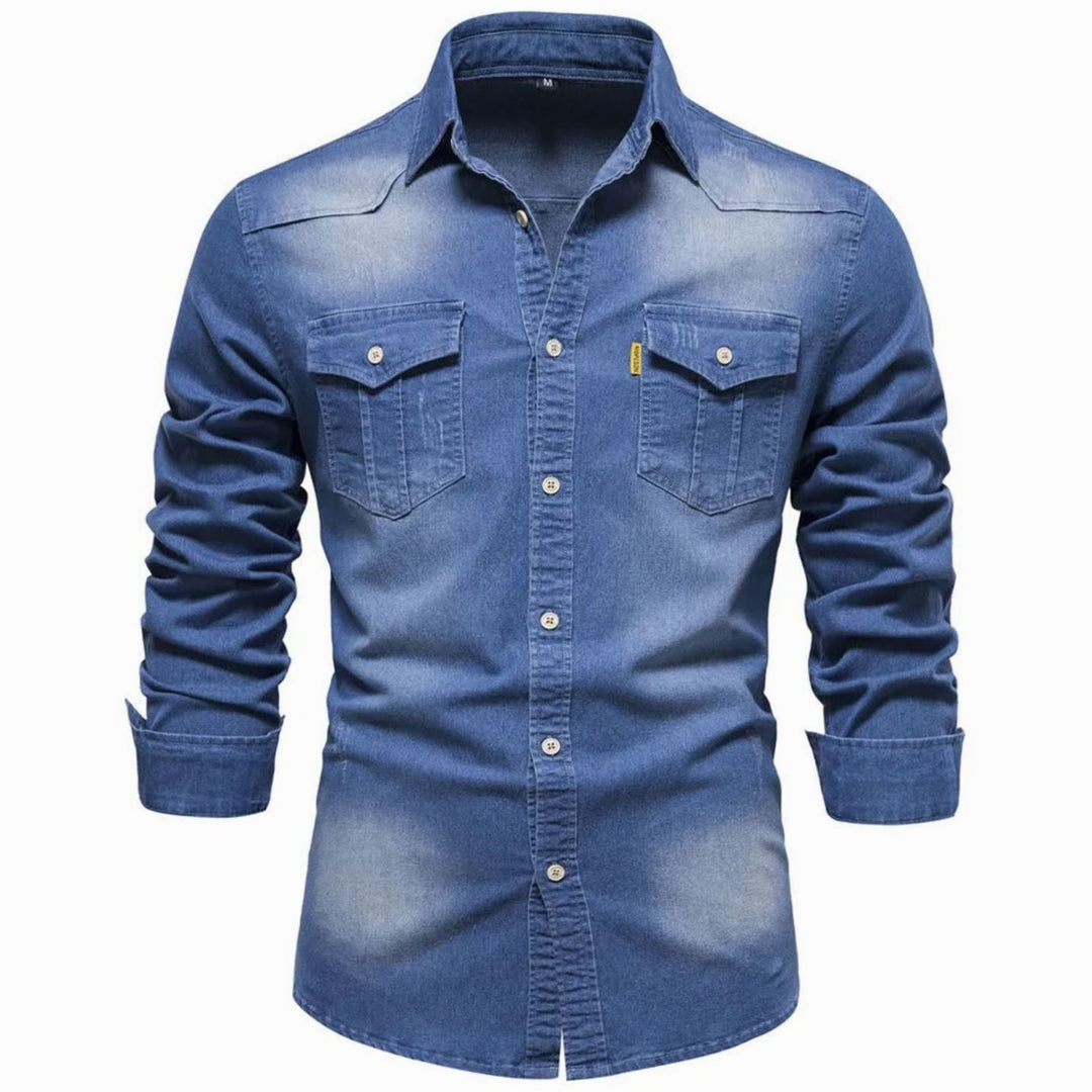 Men's Long-Sleeve Dual-Pocket Denim Button-Up Shirt - Blue