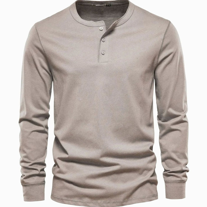 Men's Long-Sleeve Henley Shirt Classic Button Neckline - Beige
