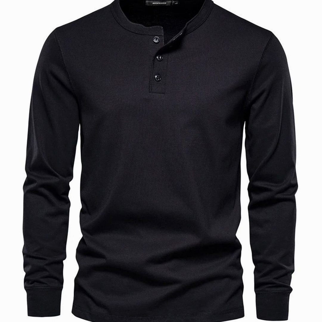 Men's Long-Sleeve Henley Shirt Classic Button Neckline - Black