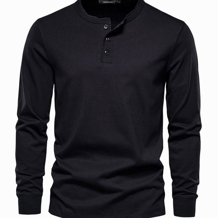 Men's Long-Sleeve Henley Shirt Classic Button Neckline - Black