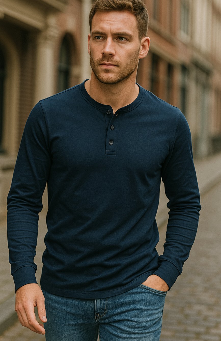 Men's Long-Sleeve Henley Shirt Classic Button Neckline
