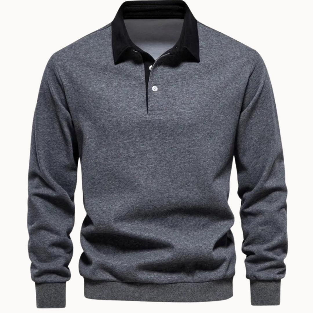 Men's Long-Sleeve Polo Style Sweater Contrasting Collar - Grey