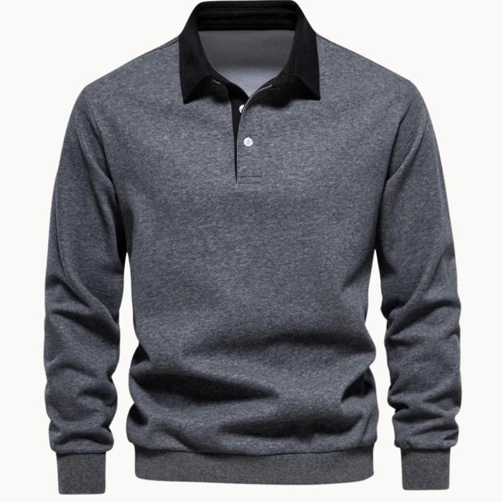 Men's Long-Sleeve Polo Style Sweater Contrasting Collar - Grey