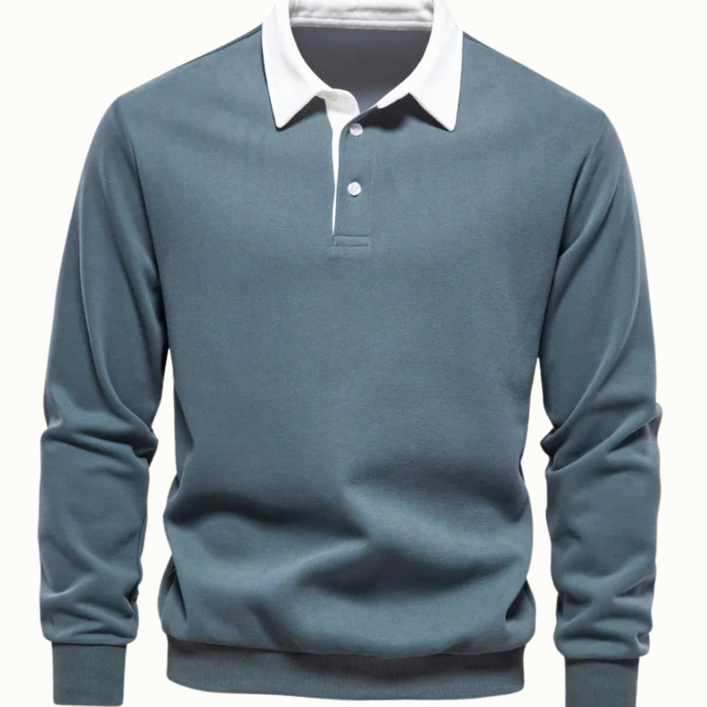 Men's Long-Sleeve Polo Style Sweater Contrasting Collar - Green