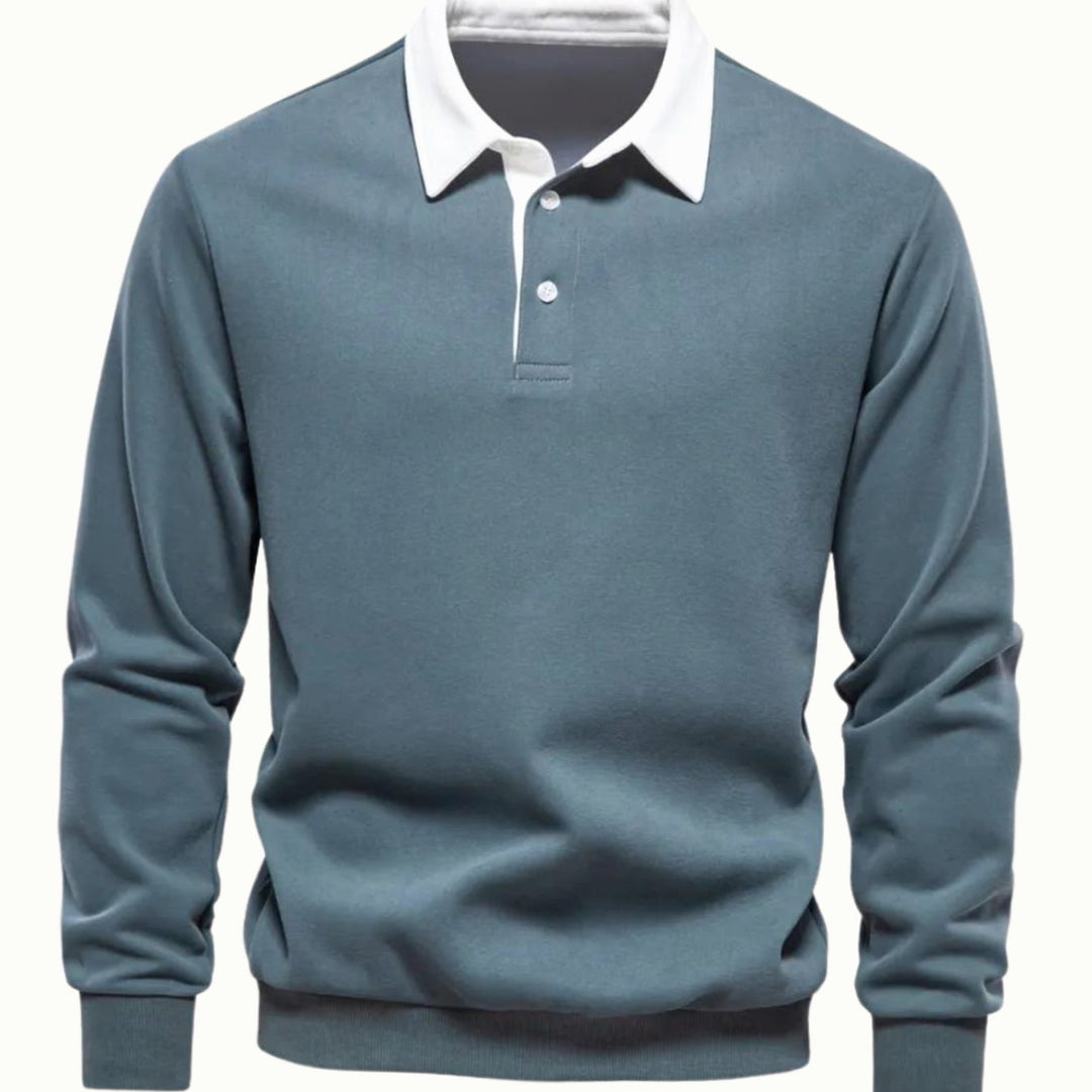 Men's Long-Sleeve Polo Style Sweater Contrasting Collar - Green