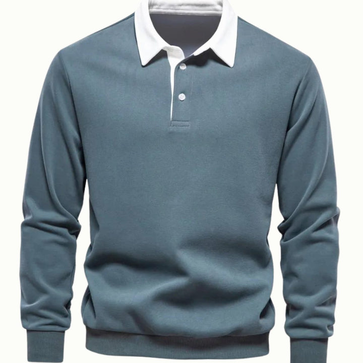 Men's Long-Sleeve Polo Style Sweater Contrasting Collar - Green