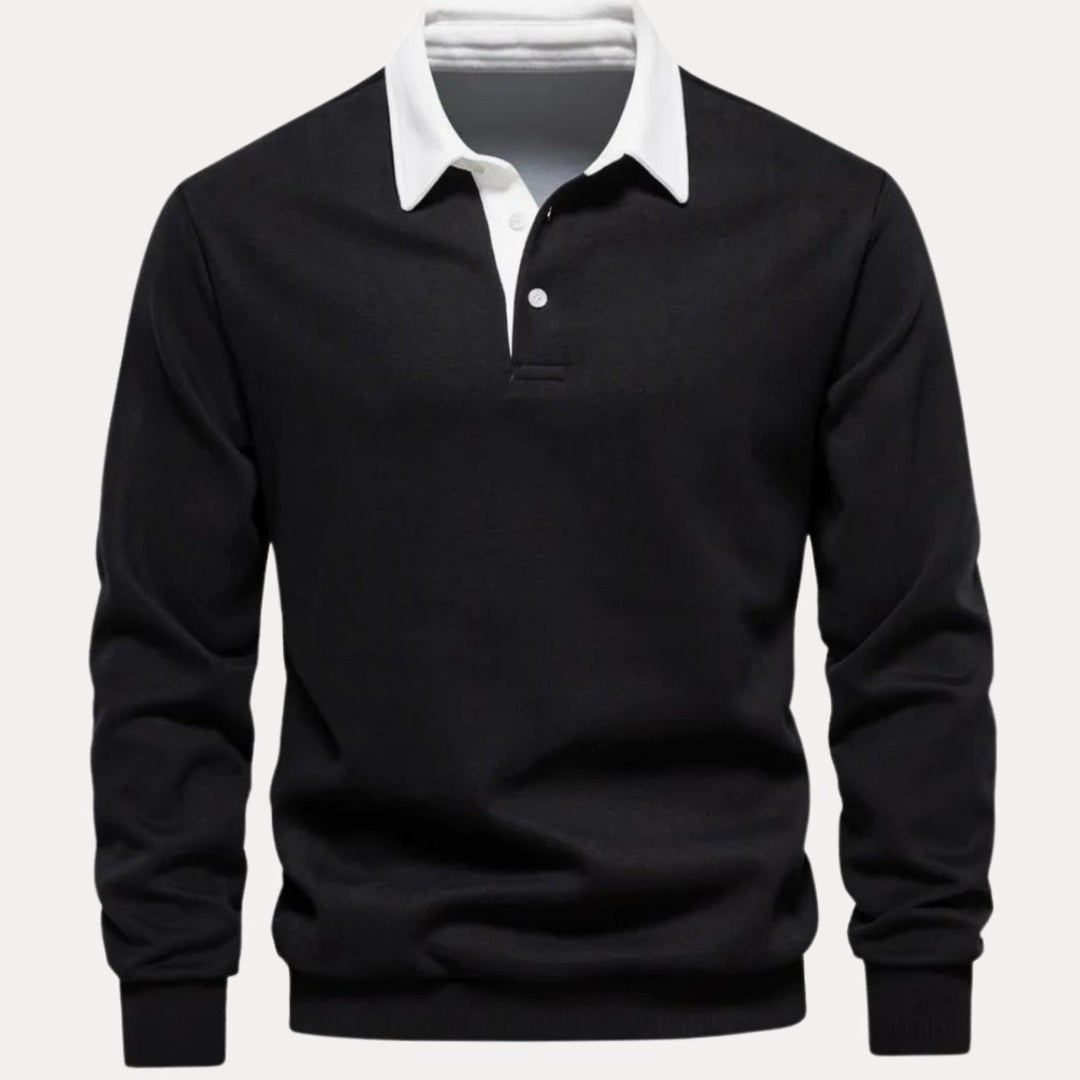 Men's Long-Sleeve Polo Style Sweater Contrasting Collar - Black
