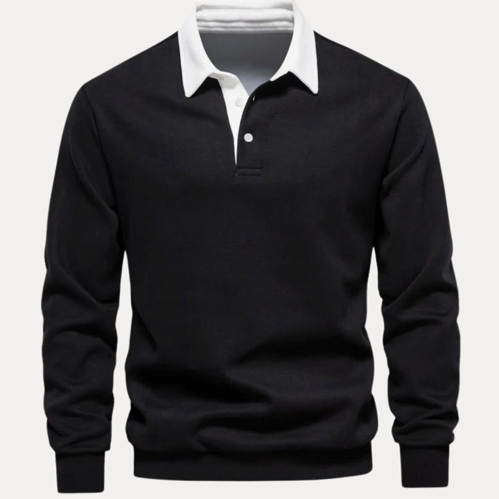 Men's Long-Sleeve Polo Style Sweater Contrasting Collar - Black